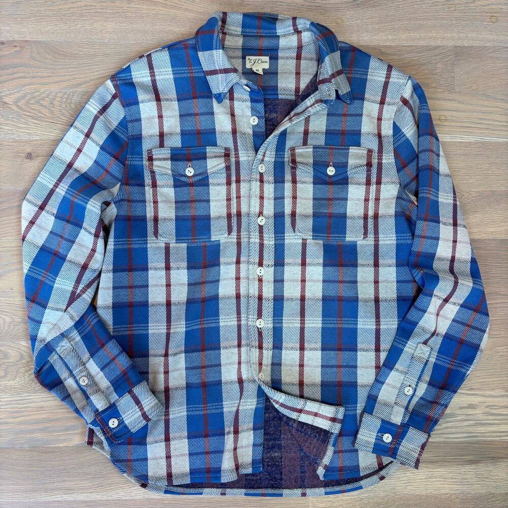 J. Crew Double Knit Woven Work Shirt Blue Gray Plaid Mens Size Medium